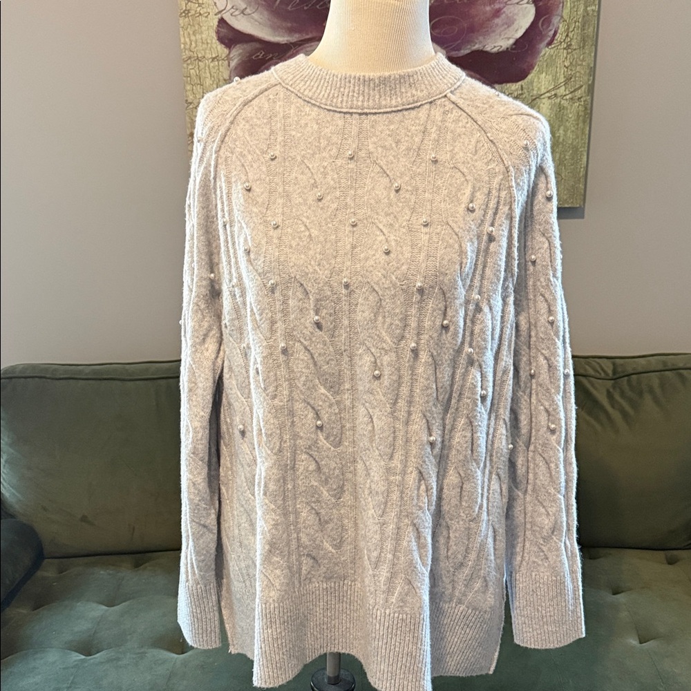 aerie Light Gray Pearl-Embellished Cable Knit Sweater